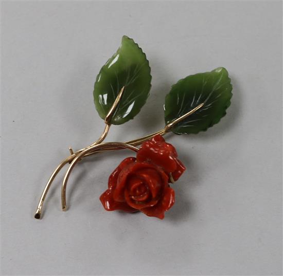 A 14k gold, coral and green hardstone rose brooch, 63mm.